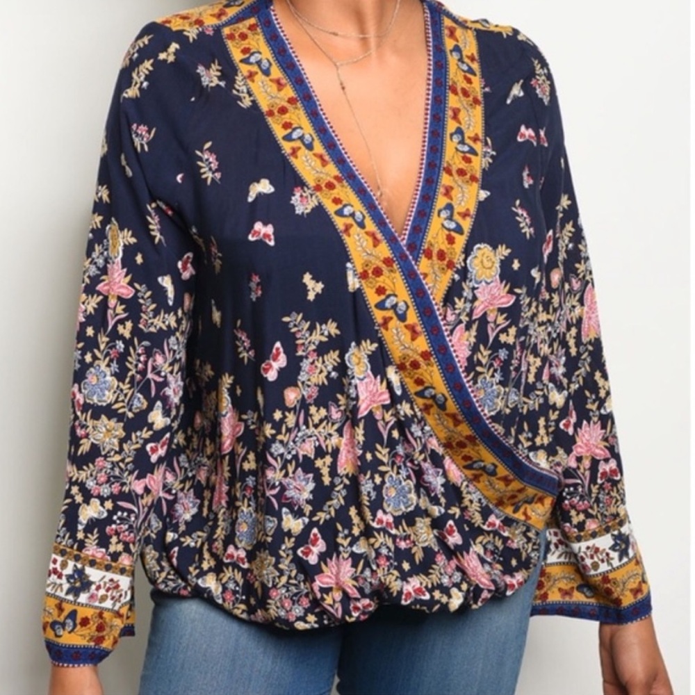 Love Riche Floral Surplice Bohemian Rayon Blouse Top Navy 2X NWT